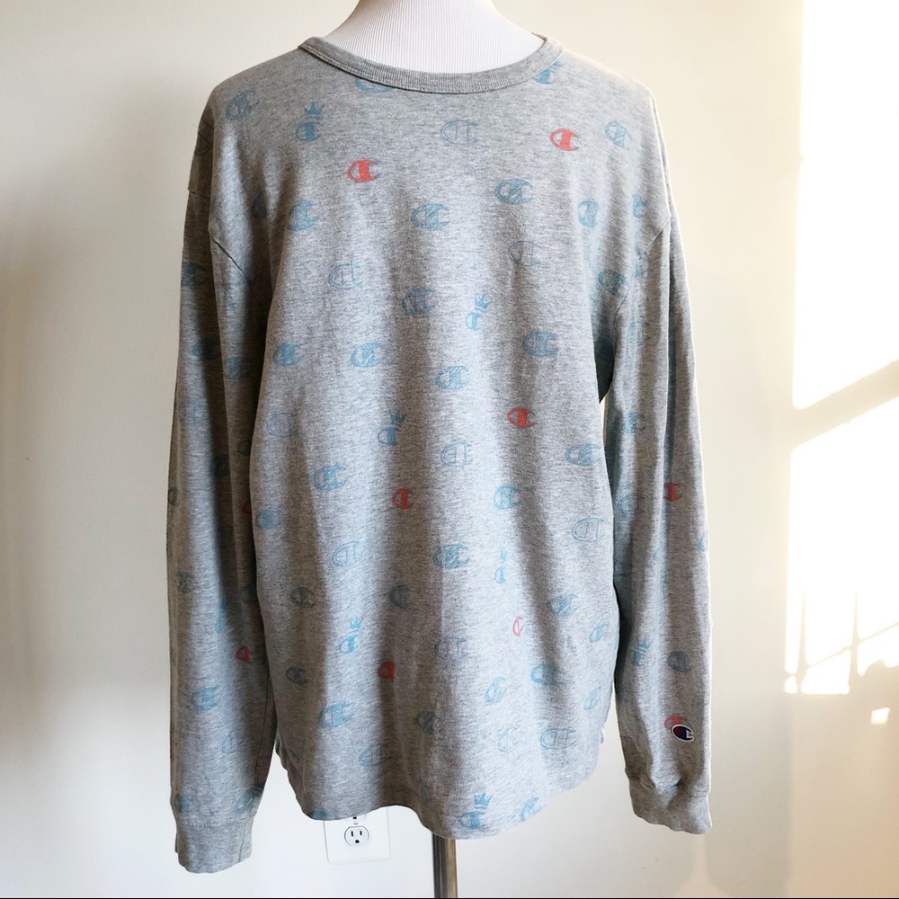 Champion Grey Long Sleeve Logo Unisex Tee T-Shirt, size Large